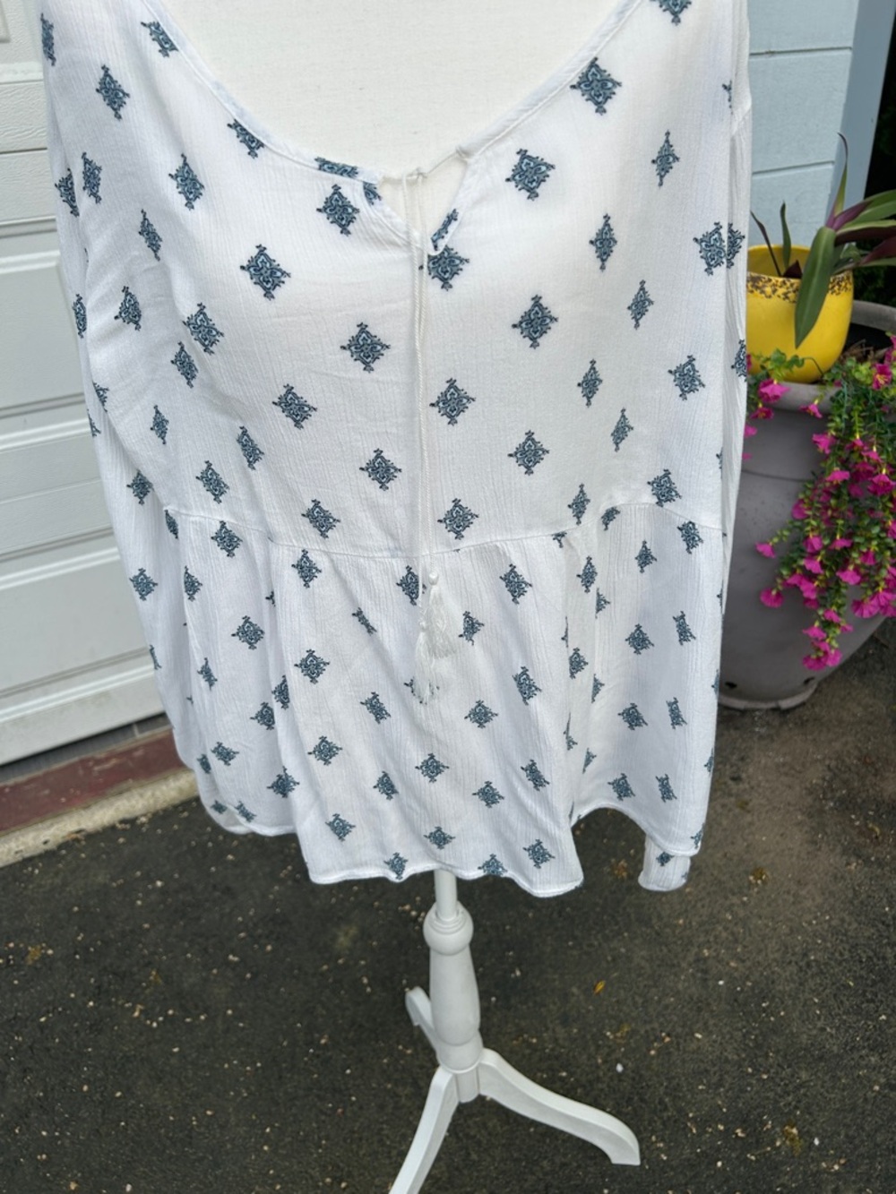 Aeropostale White Blouse with Navy Medallion Print